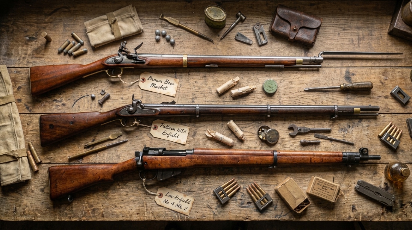 Selection of historic British rifles arranged on a wooden table